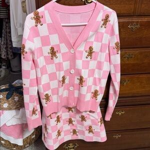 Pink and White Checkered Gingerbread Man Cardigan and Skirt Set